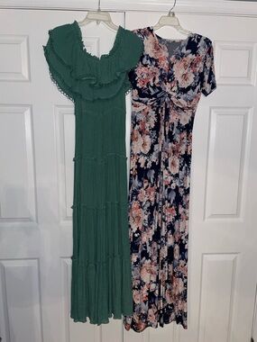 Pinkblush Maternity Green Ruffled & Navy Floral Twist-Front Maxi Dress Duo
